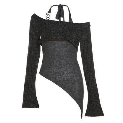Women's Long Sleeve Knitted Sweater Set Shoulder Baring Design Slimming Base Layer Top Fashionable Casual Princess Sleeve Style