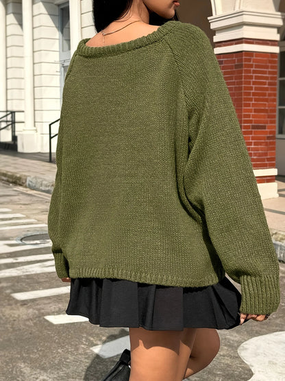 Solid Color Knitted Pullover Autumn and Winter Round Neck Casual Loose Versatile Top for Women