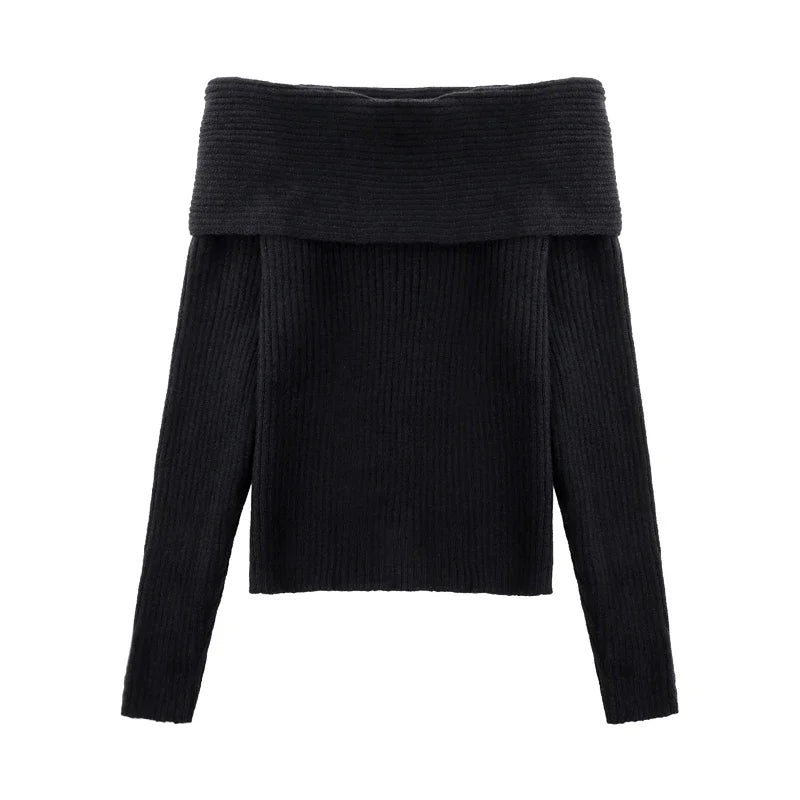 Women Off Shoulder Sweater Long Sleeve Off-the-Shoulder Knitted Tops Rib-knit Jumper Pullover Female Casual Outfit Fall Winter