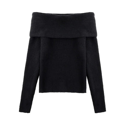 Women Off Shoulder Sweater Long Sleeve Off-the-Shoulder Knitted Tops Rib-knit Jumper Pullover Female Casual Outfit Fall Winter