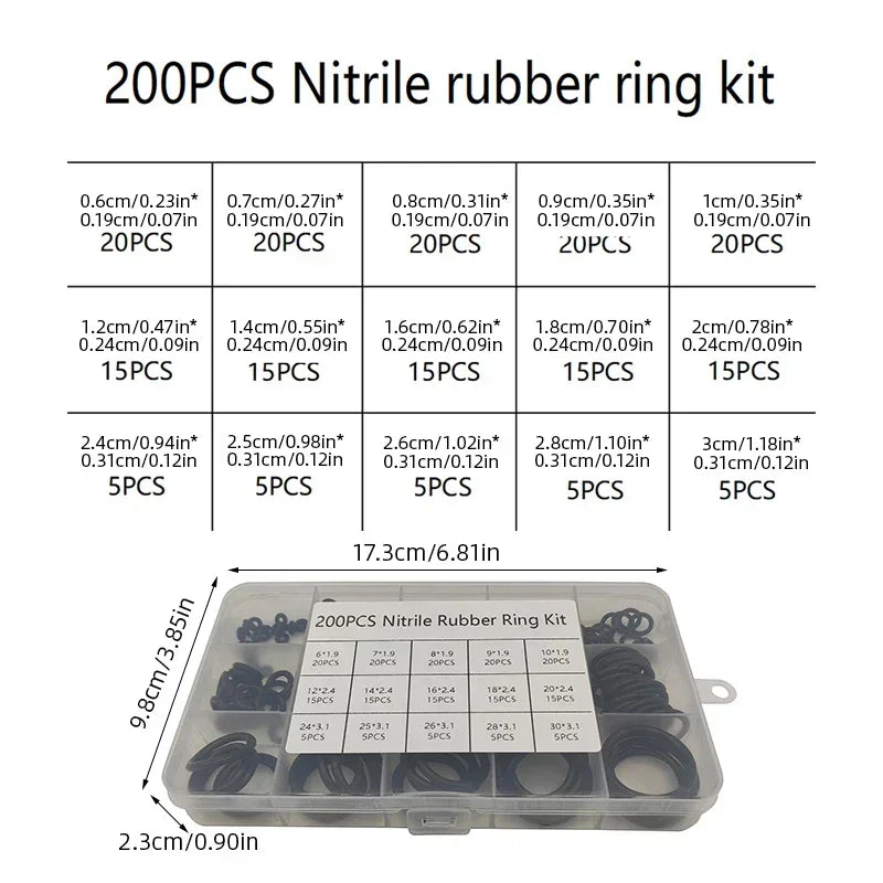 200pcs Rubber O-rings for Faucet, Hose, Valve, Water & Oil Proof Seals, Washer Combo Set, Universal Plumbing Accessories