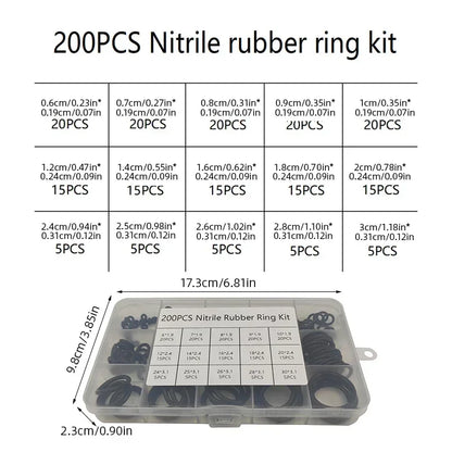 200pcs Rubber O-rings for Faucet, Hose, Valve, Water & Oil Proof Seals, Washer Combo Set, Universal Plumbing Accessories