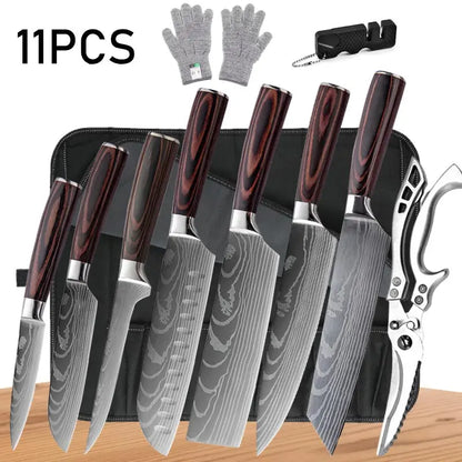 WXCOO Chef Knife Japanese Kitchen Knives Set Professional Laser Damascus Pattern Stainless Steel Meat Cleaver Slicer Knife
