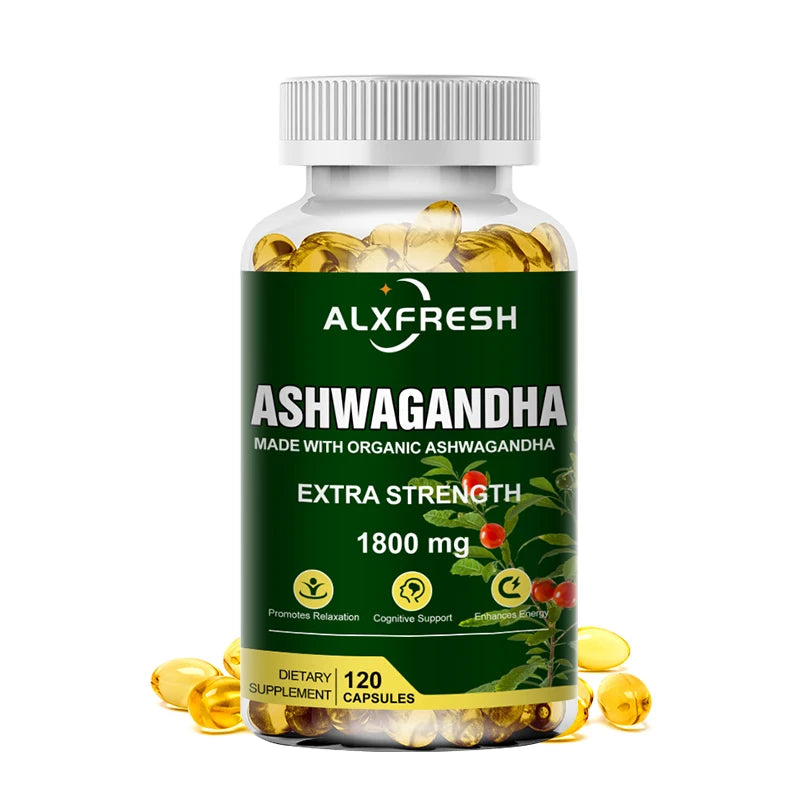 Alxfresh Pure Organic Ashwagandha Root Extract Capsule 1800mg Supplement Help Stress, Focus, Brain, Energy Support Sleep Health