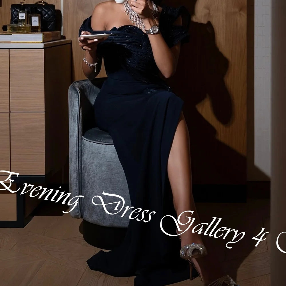 Customized  Delicate Sequined Ruched Boat Neck Floor Length Side Slit платье вечернее Jersey Off The Shoulder Vestidos