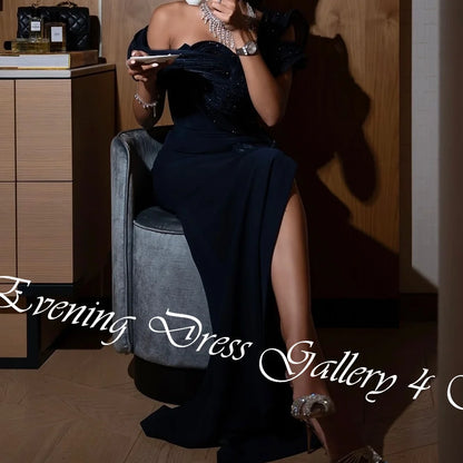 Customized  Delicate Sequined Ruched Boat Neck Floor Length Side Slit платье вечернее Jersey Off The Shoulder Vestidos