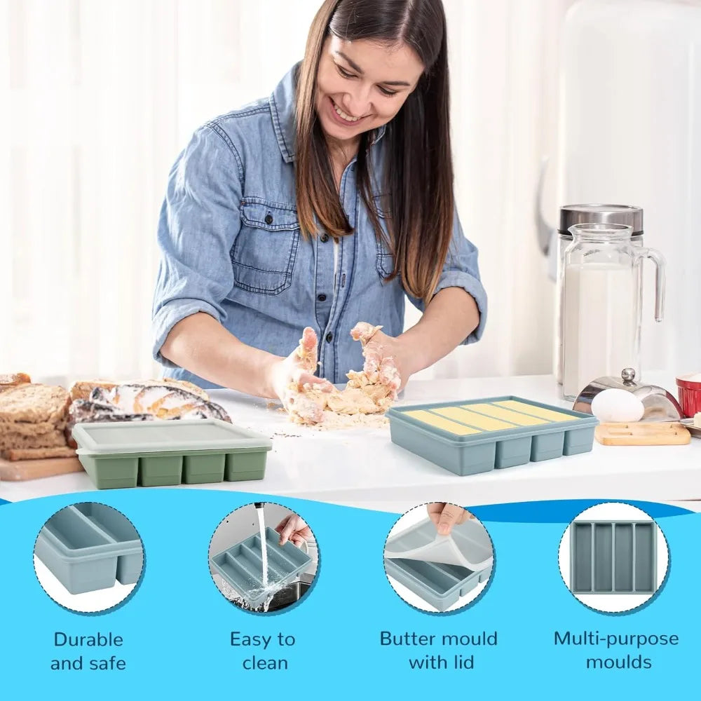 4 Grids Silicone Butter Mold with Lid Sauce Food Container Ice Cube Molds Homemade Butter Nonstick Tray for Energy Bar Soap Bar