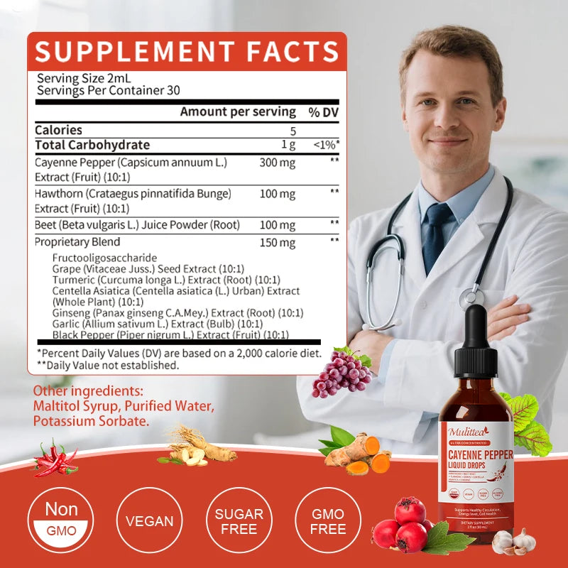 Mulittea Cayenne Pepper Liquid Drops 500mg Organic Cayennee Pepper Supplement- Supports Cardiovascular Health, Improve Digestion
