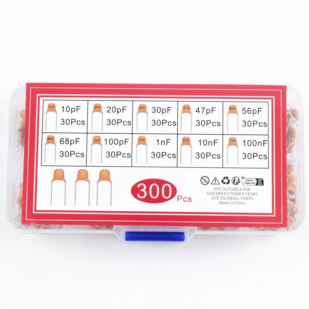 300PCS individual stone capacitors, 30 pieces each in 10 specifications (10PF -100NF), with 300 individual stone plugs