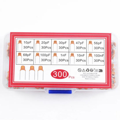 300PCS individual stone capacitors, 30 pieces each in 10 specifications (10PF -100NF), with 300 individual stone plugs