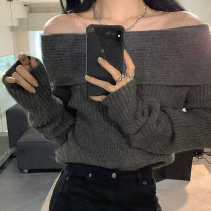 Smvp Slash Neck Knitted Sweater Women Sexy Off Shoulder Long Sleeve Pullovers Female Korean Elegant Thicken Slim Jumpers Top
