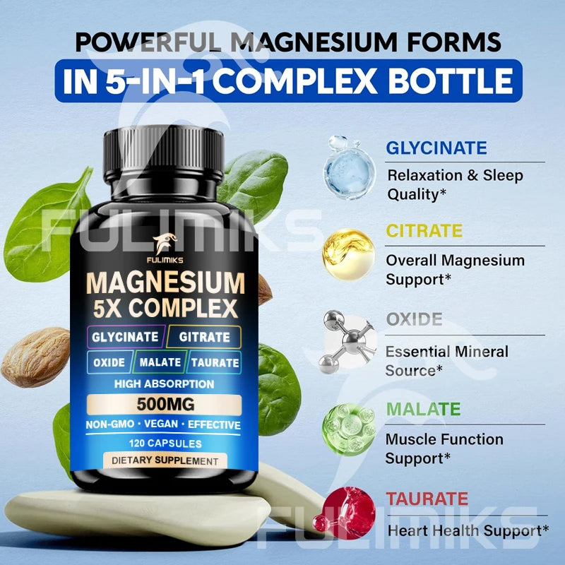 Magnesium Pills Supplement - 5 in 1 Complex, Glycinate, Citrate, Malate, Taurate, Oxide - Stress, Muscle & Heart Support