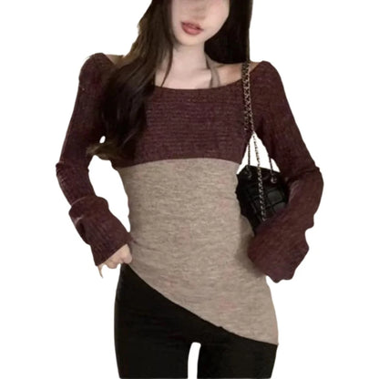 Women's Long Sleeve Knitted Sweater Set Shoulder Baring Design Slimming Base Layer Top Fashionable Casual Princess Sleeve Style