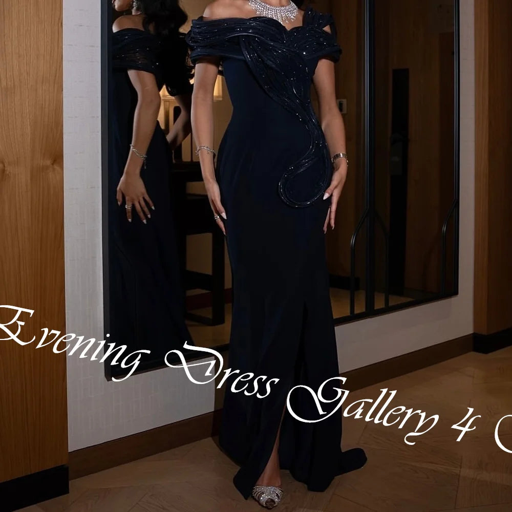 Customized  Delicate Sequined Ruched Boat Neck Floor Length Side Slit платье вечернее Jersey Off The Shoulder Vestidos