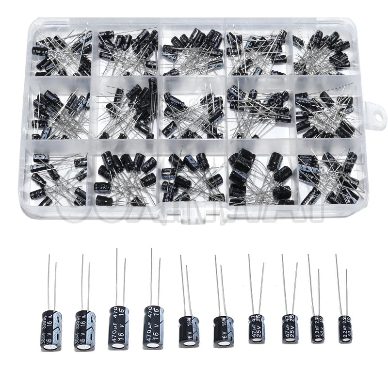 200pcs 15Values 10V 16V 25V 50V 0.1uF-220uF 0.22uf 2.2uf 100uf Radial capacitors set Electrolytic Capacitor Assortment Kit