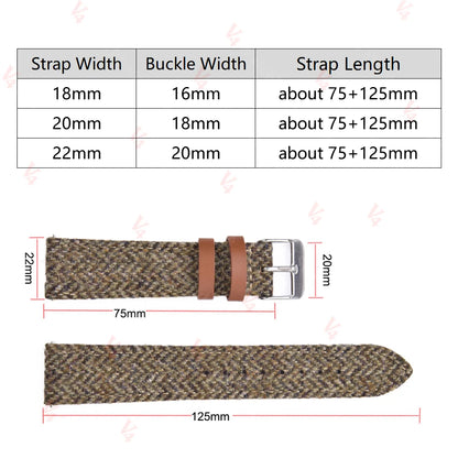 18mm 20mm 22mm Woven Tweed Fabric Strap Two-Sided Nylon Cowhide Watchband Quick Release Band Business Wristband Belt Accessories