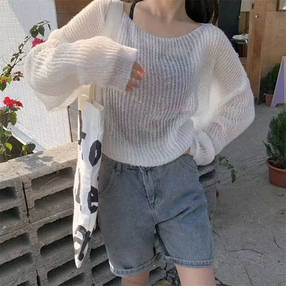 Simple Hollow Out Knitting Sweater Women Lazy Style Off Shoulder Thin Pullover Sweater Female Trendy Loose All-Match Knit Jumper