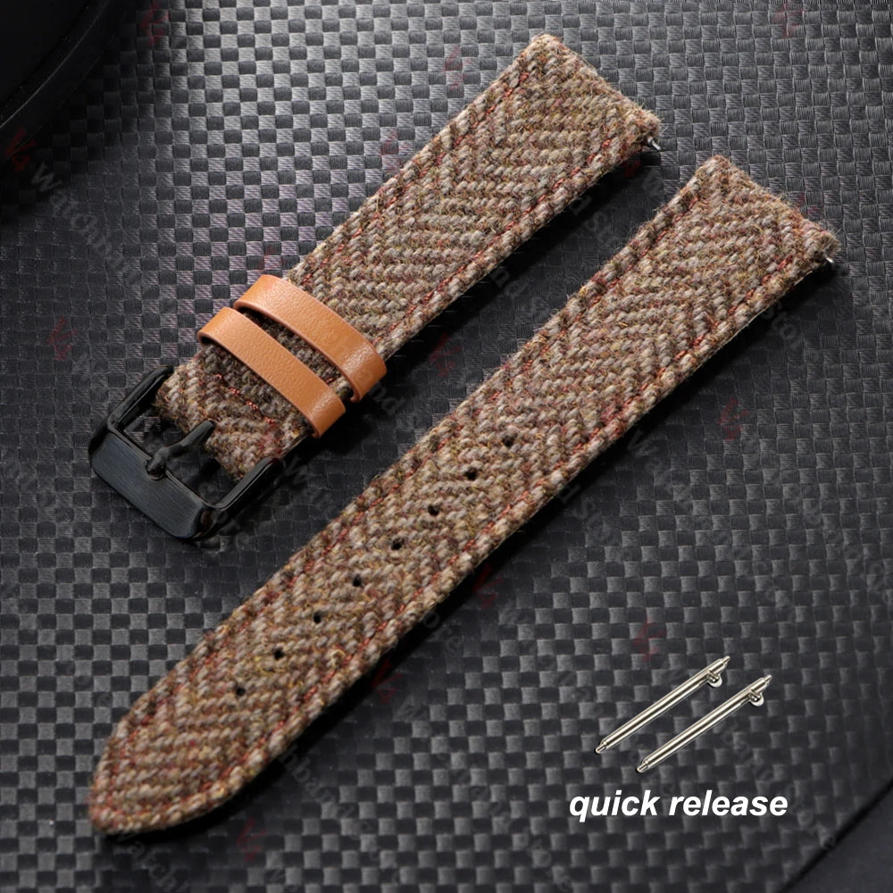 18mm 20mm 22mm Woven Tweed Fabric Strap Two-Sided Nylon Cowhide Watchband Quick Release Band Business Wristband Belt Accessories