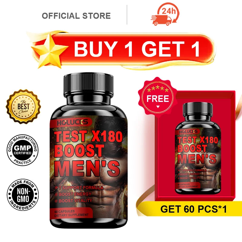 HOLUCKS Test X180 Men's Supplement, with Black Maca & D-Aspartic Acid, Support Healthy T Level, Muscle Function & Daily Vitality