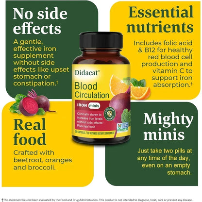 Blood Circulation - Iron Supplement - Iron with Vitamin C, Vitamin B12 and Folic Acid - Blood Health, 120 Capsules