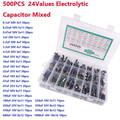 500PCS 10V 16V 25V 50V Electronic Kit 0.1uF-1000uf 24Values elektronik Electrolytic Capacitor Mixed DIP Electrolyte Capacitors