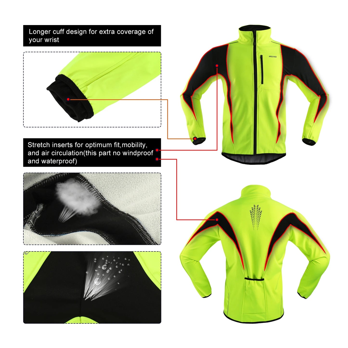 ARSUXEO Men's Warm Cycling Jacket Fleece Bike Jersey Windproof Waterproof Softshell Coat Bicycle Clothing Motorcycle Raincoat