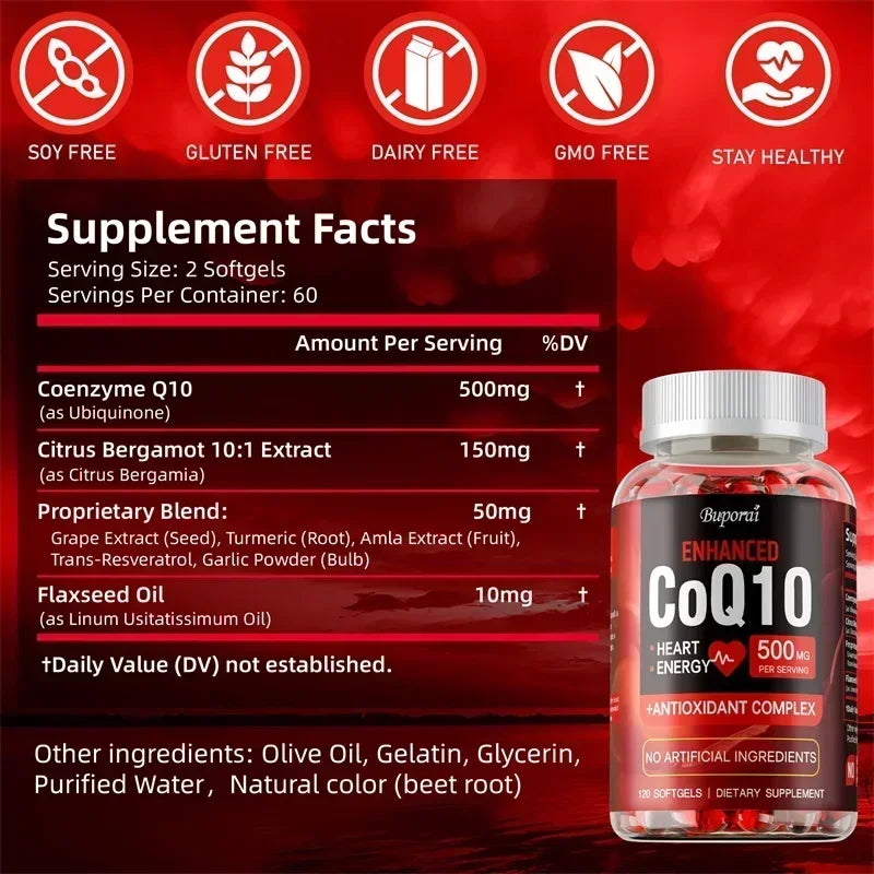 CoQ10 Supplement - Supports Heart and Cardiovascular Health, Anti-Aging, Energy Supplement, Gluten-Free, Non-GMO