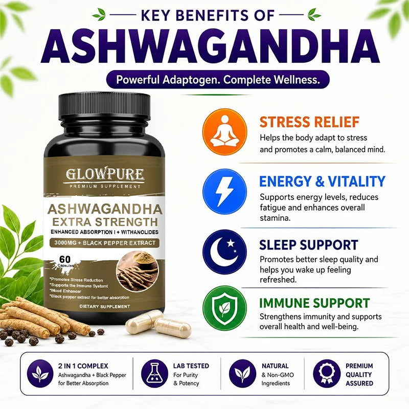 Ashwagandha Root Extract Capsules for Mood Stress, Health Sleep, Brain Calm, Energy Support Non-GMO Premium Formula Supplement