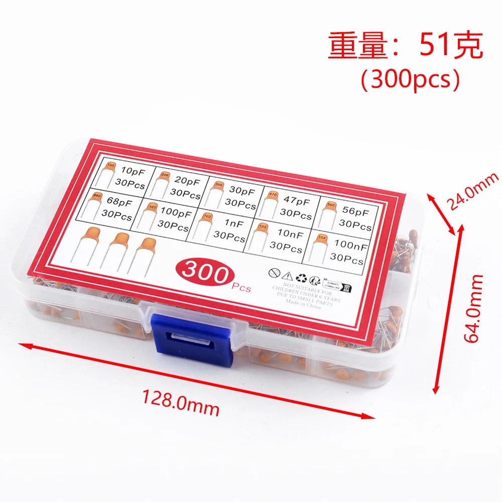300PCS individual stone capacitors, 30 pieces each in 10 specifications (10PF -100NF), with 300 individual stone plugs