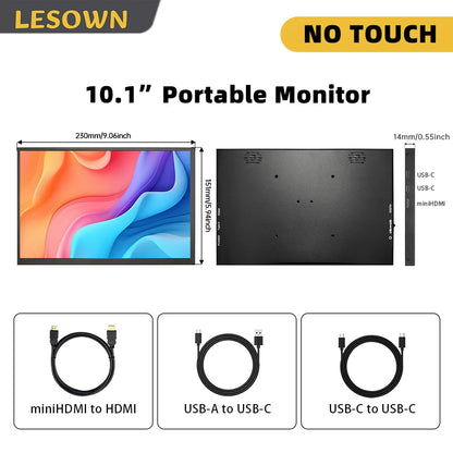 LESOWN Small Portable Monitor 10.1'' IPS 1280x800 USB C HDMI Laptop Second Screen External Display for Document Work PC