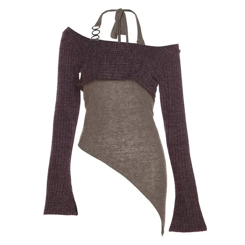 Women's Long Sleeve Knitted Sweater Set Shoulder Baring Design Slimming Base Layer Top Fashionable Casual Princess Sleeve Style