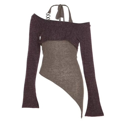 Women's Long Sleeve Knitted Sweater Set Shoulder Baring Design Slimming Base Layer Top Fashionable Casual Princess Sleeve Style