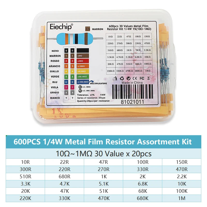 300/600PCS 1/4W Metal Film Resistor Kit Resistance 1% 30 values 10 Ohm ~1M 0.25w Resistors Set