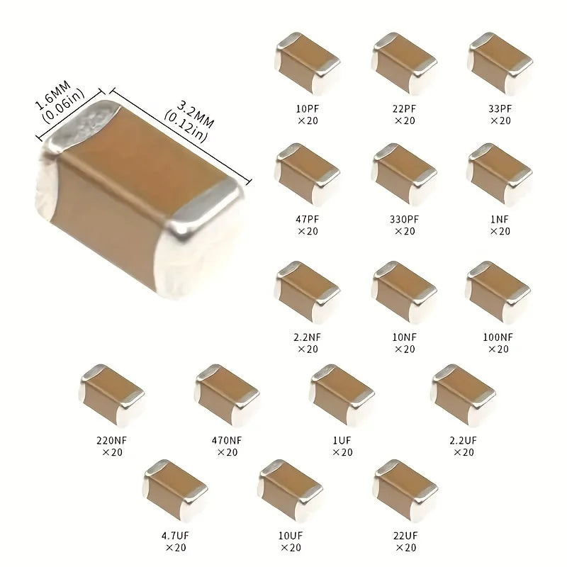 (Industrial SMD Capacitor Components)320pcs 1206 SMD Capacitor Kit - High Quality Assorted Capacitors Set for Electronic Compone