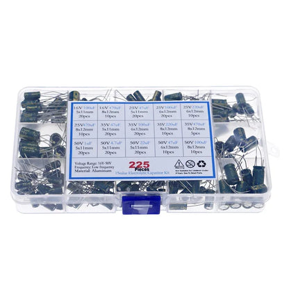 225Pcs 15Value Aluminum Electrolytic Capacitors Set 16V-50V 1uF-470uF green Assorted Kit Storage Low ESR