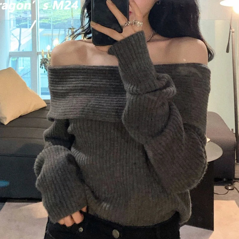 Women Off Shoulder Sweater Long Sleeve Off-the-Shoulder Knitted Tops Rib-knit Jumper Pullover Female Casual Outfit Fall Winter