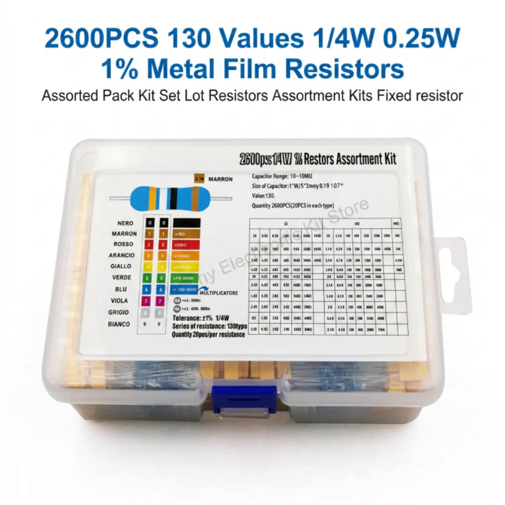 2600pcs Metal Film Resistors Assorted Pack 130 Values 1/4W 0.25W 1% Fixed Resistor Kit Set for Electronics DIY Projects