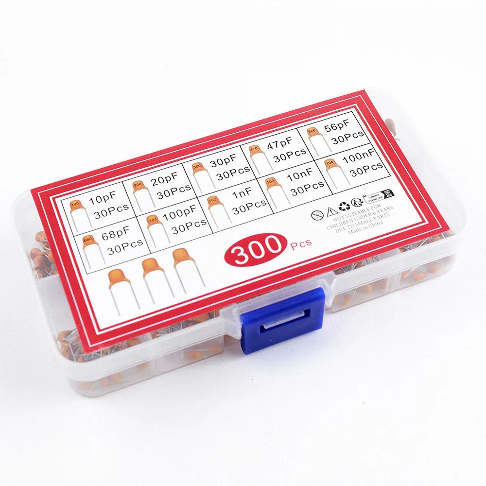 300PCS individual stone capacitors, 30 pieces each in 10 specifications (10PF -100NF), with 300 individual stone plugs