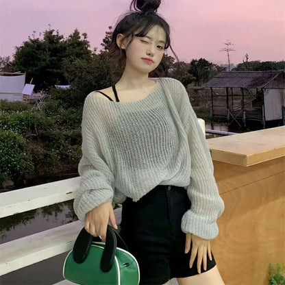 Simple Hollow Out Knitting Sweater Women Lazy Style Off Shoulder Thin Pullover Sweater Female Trendy Loose All-Match Knit Jumper