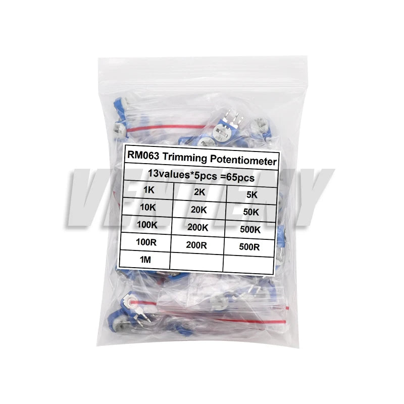 65PCS Trimmer Potentiometers 1K 5K 10K 20K 50K 100K 500K 1M Potentiometer RM063 Adjustable Resistance 100R~1M Variable Resistors