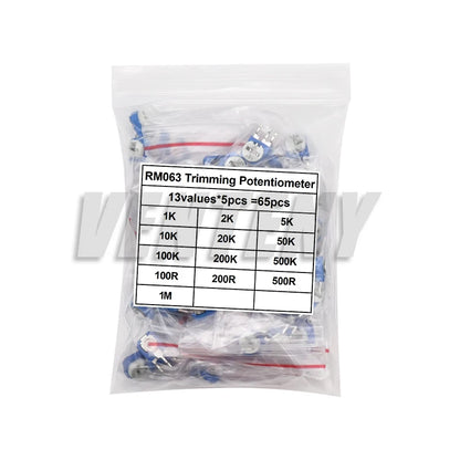 65PCS Trimmer Potentiometers 1K 5K 10K 20K 50K 100K 500K 1M Potentiometer RM063 Adjustable Resistance 100R~1M Variable Resistors