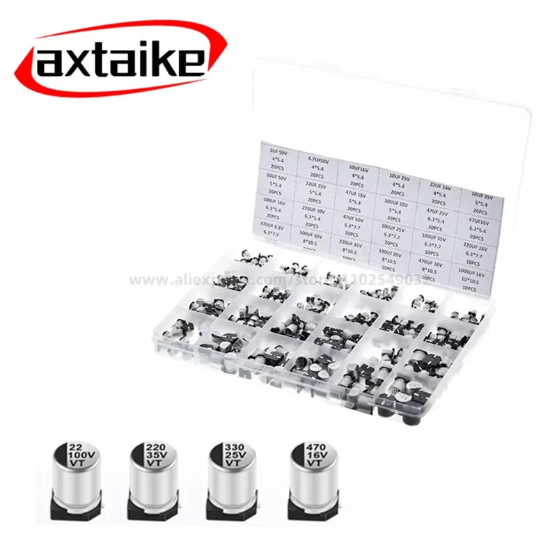 400Pcs 1UF~1000UF 10V 16V 25V 35V 50V 100V 24 Value 47uF 680uF SMD Aluminum Electrolytic Capacitors Assortment Kit + Box