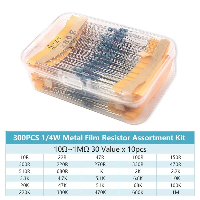 0.25W Metal Film Resistor kit set 30 Values resistors pack , 10 ohm ~1M Resistance 1% Set of resistors diy electronic components
