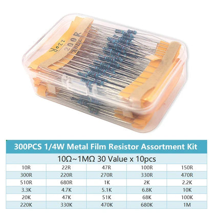 0.25W Metal Film Resistor kit set 30 Values resistors pack , 10 ohm ~1M Resistance 1% Set of resistors diy electronic components