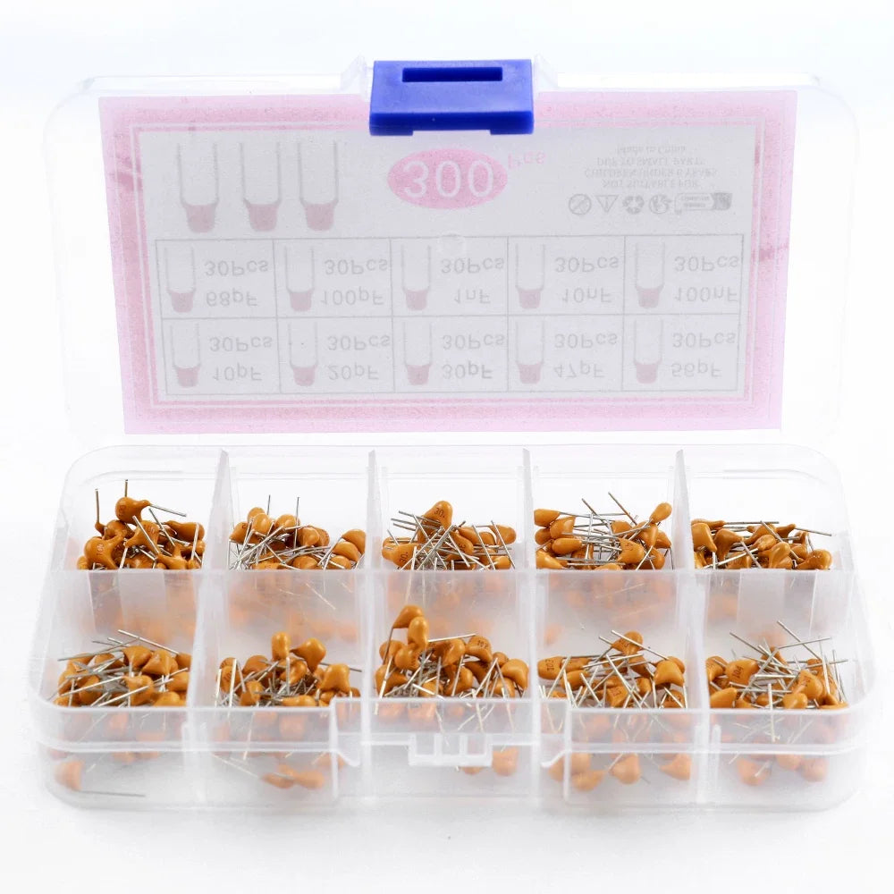 300PCS individual stone capacitors, 30 pieces each in 10 specifications (10PF -100NF), with 300 individual stone plugs