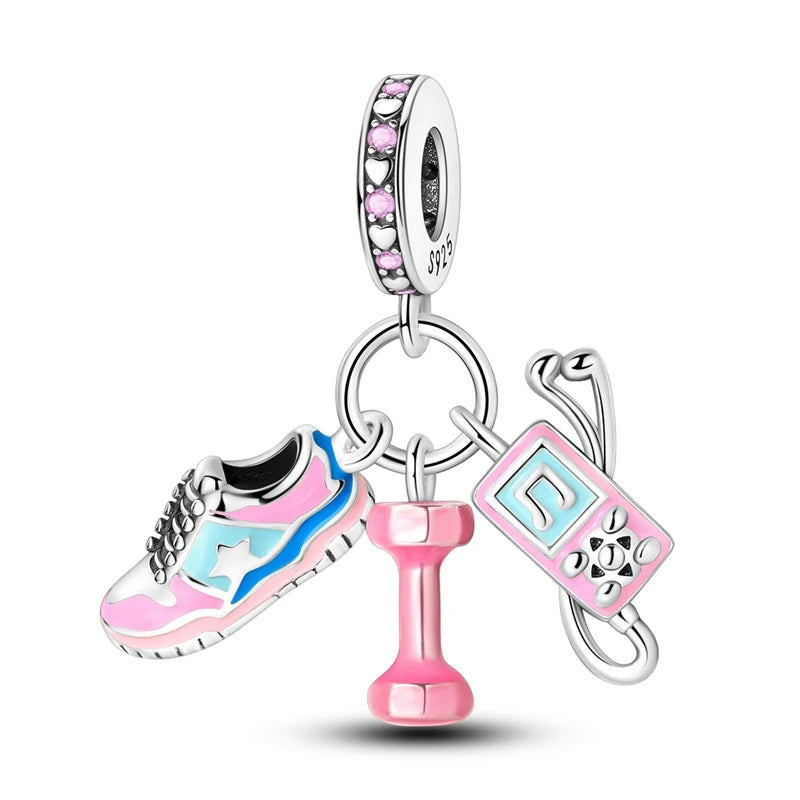 Passionate 925 Silver Dumbbell Badminton Soccer Sport Charms Beads Fit Pandach 925 Original Bracelet DIY Jewelry Graduation Gift