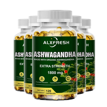 Alxfresh Pure Organic Ashwagandha Root Extract Capsule 1800mg Supplement Help Stress, Focus, Brain, Energy Support Sleep Health