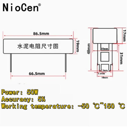 50W 5% Cement Ceramic Resistor Resistance 0.1-500R 1.2 2 2.5 3 4 5 6 8 10 12 15 20 22 25 30 47 50 82 100 120 150 180 200 220 Ohm