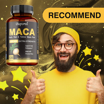 Organic Maca Root Powder Capsules with Black + Red + Yellow Peruvian Maca Root Extract Supplement for Men Women