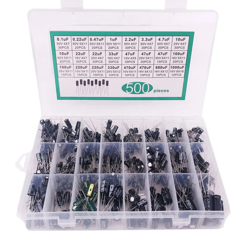 500PCS 10V 16V 25V 50V Electronic Kit 0.1uF-1000uf 24Values elektronik Electrolytic Capacitor Mixed DIP Electrolyte Capacitors